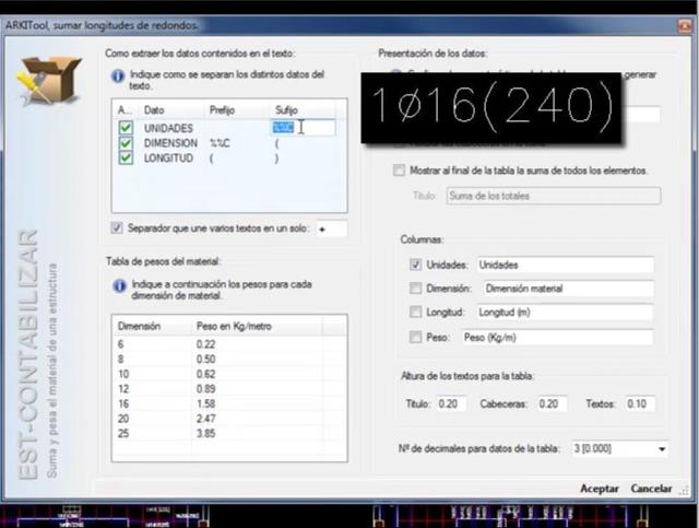 Calcula unidades, longitudes y pesos de material lineal mediante los textos del dibujo que indican las dimensiones de cada material dibujado.