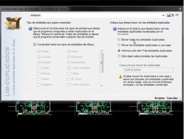Este comando permite localizar todas las entidades duplicadas del dibujo. Una vez localizadas podemos indicar al programa que las borre, las seleccione, las pase a otra capa o simplemente que nos informe del número de entidades duplicadas que había en el