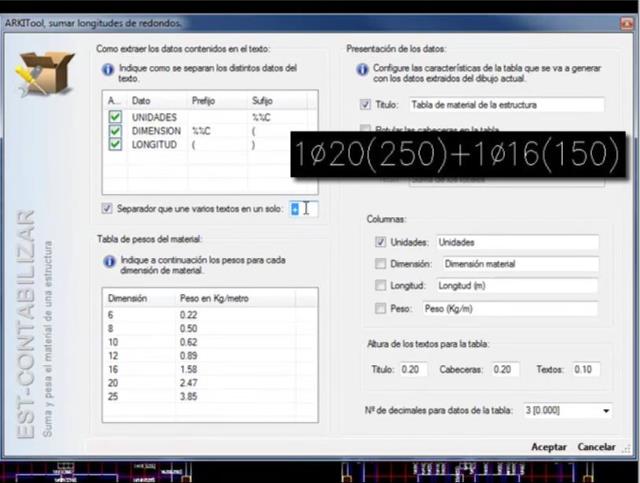 Calcula unidades, longitudes y pesos de material lineal mediante los textos del dibujo que indican las dimensiones de cada material dibujado.