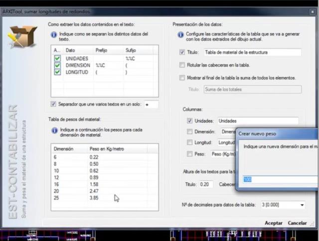 Calcula unidades, longitudes y pesos de material lineal mediante los textos del dibujo que indican las dimensiones de cada material dibujado.